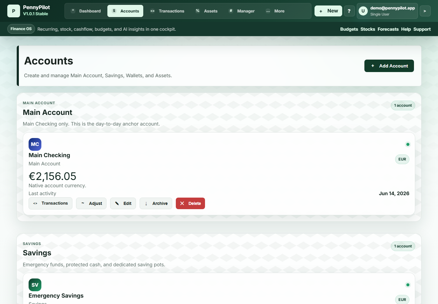 PennyPilot accounts screen with main account and savings cards.