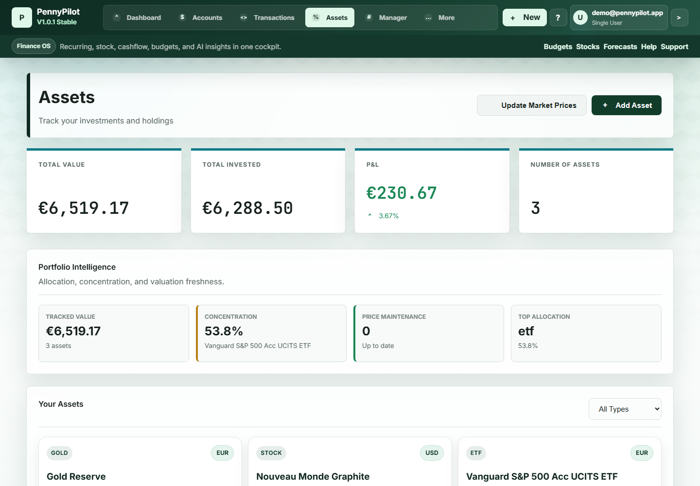 PennyPilot assets screen with portfolio totals and asset cards.