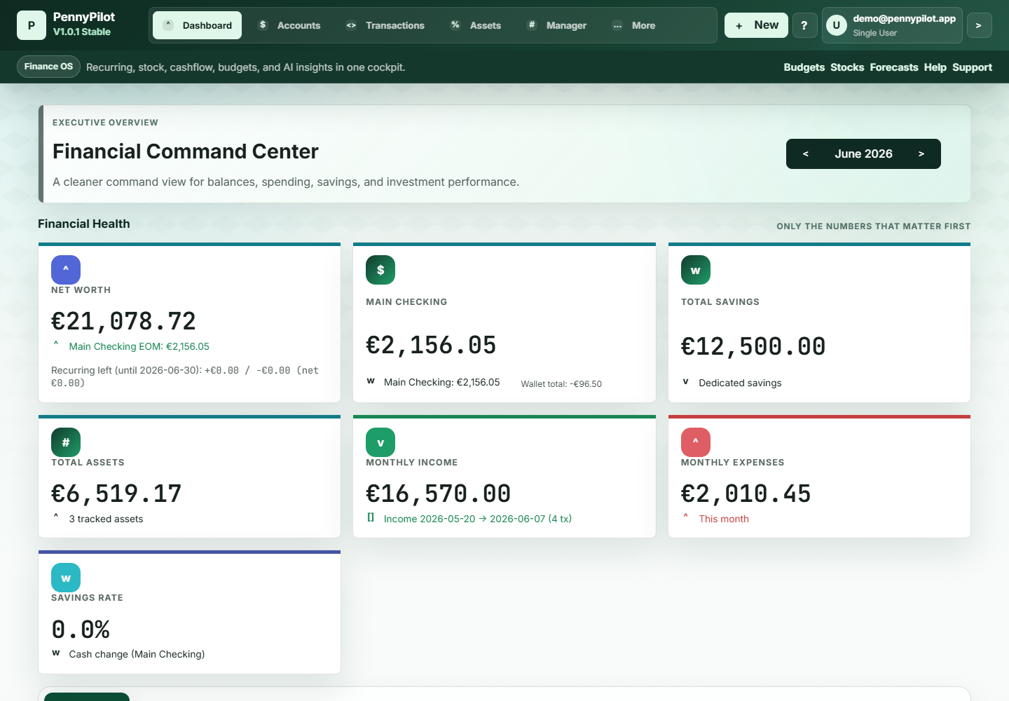 PennyPilot dashboard showing financial health totals, net worth, checking, savings, assets, income, expenses, and savings rate.