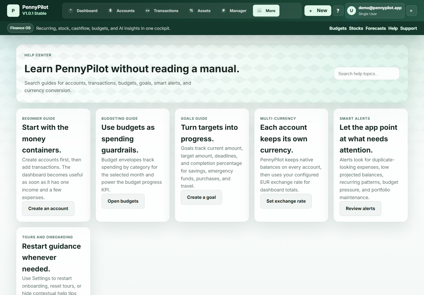 PennyPilot help center screen with guide cards and search.