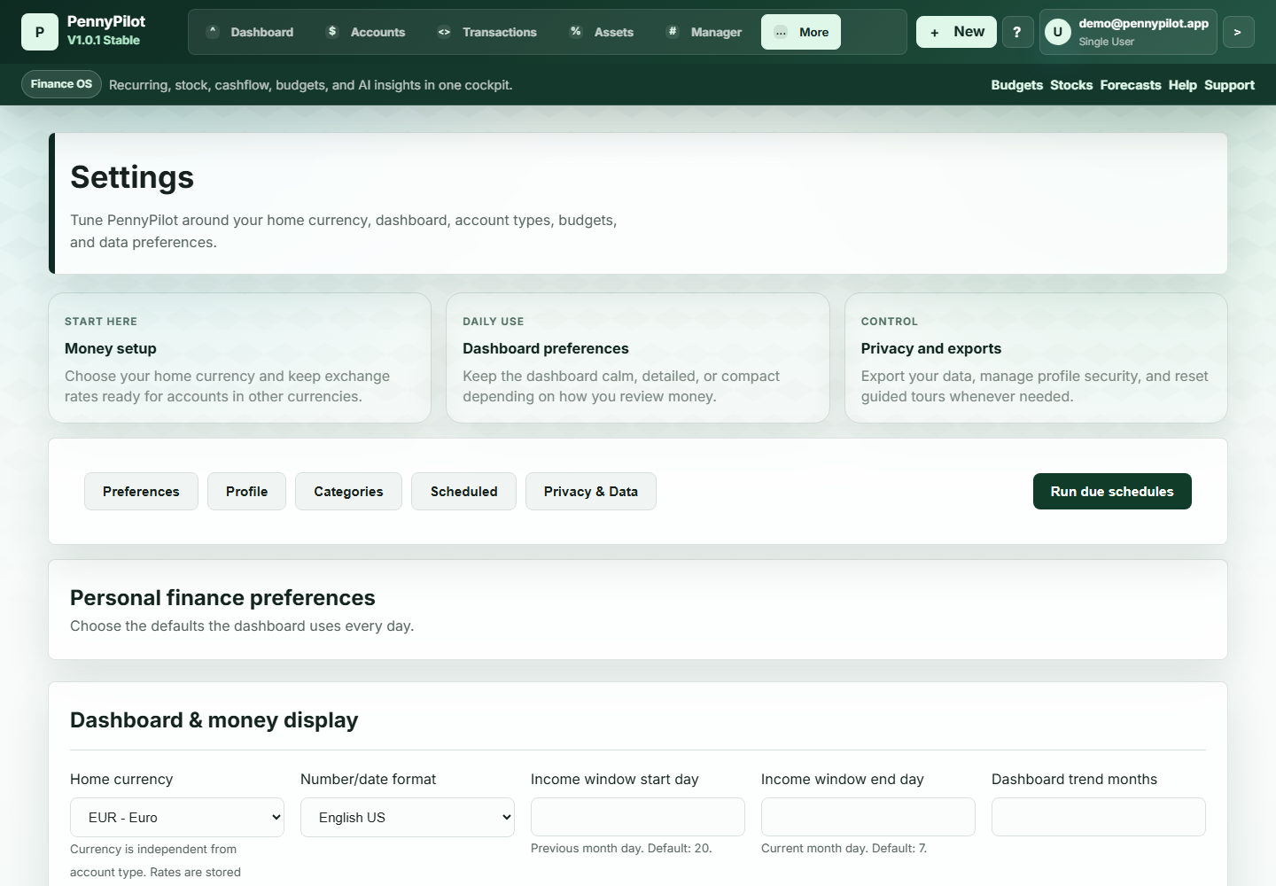 PennyPilot settings screen with preferences and dashboard display controls.