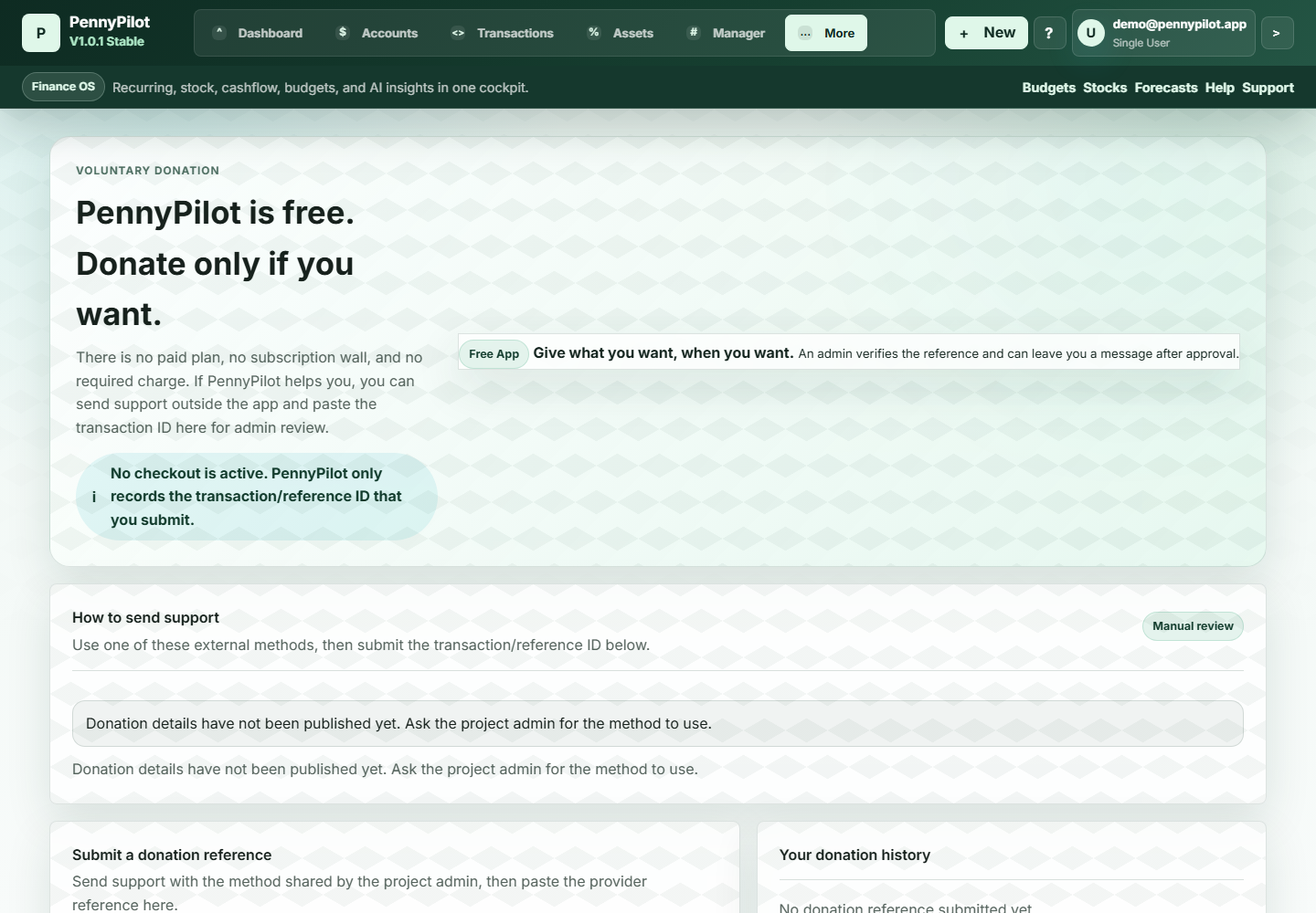 PennyPilot support screen explaining voluntary donations and reference submission.
