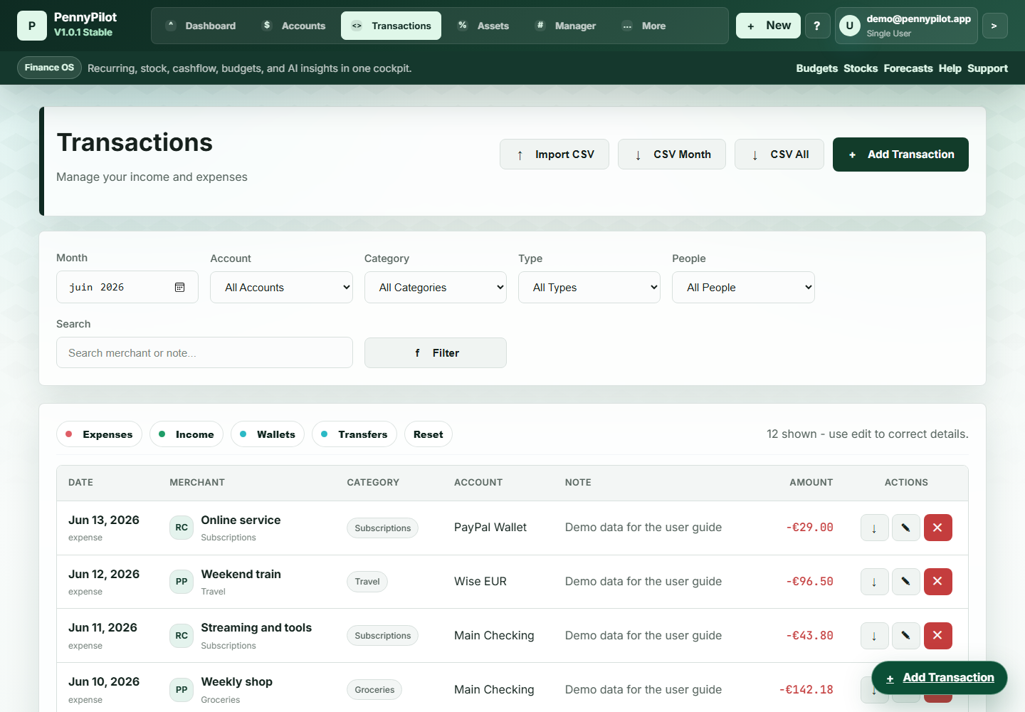 PennyPilot transactions screen with filters and transaction rows.